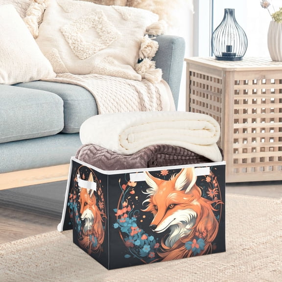 Fox Flowers Floral Circle Storage Basket Foldable Laundry Basket Shelf Kids Toy Storage Container Organizer with Handles