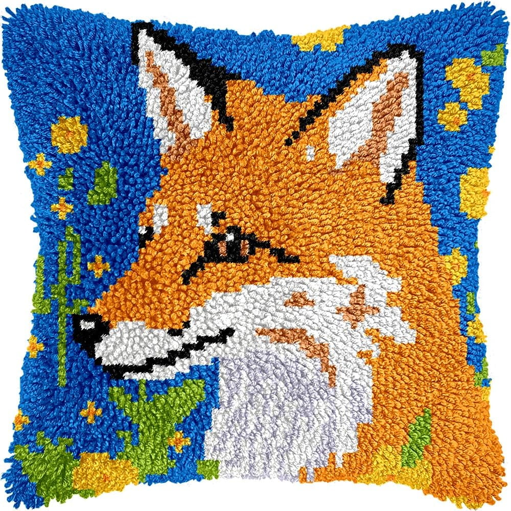 Fox & Flowers Latch Hook Pillow Cover Kits for DIY Handmade Throw Pillow Cross Stitch Latch Hooking Pillowcase Kits with Preprinted Color Pattern Canvas Crochet Yarn Kits 17''X 17''(8-127)