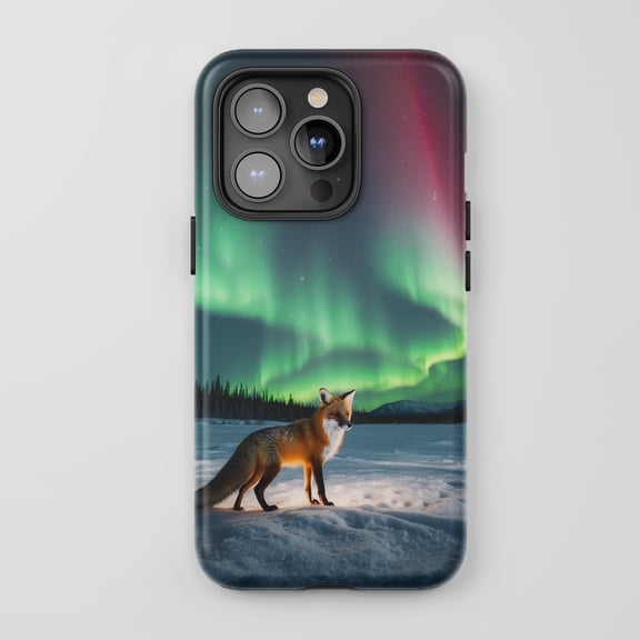Fox For All iPhone Series Protective Phone Case Aurora Northern Lights Winter Landscape Green Red Blue Gradient