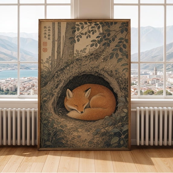 Fox Forest Den Wall Art Print, Tan Rust Orange Modern Dotwork Woodland ...