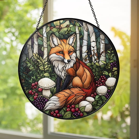Fox Forest Glass Suncatcher, Woodland Window Hanging, Mushrooms & Berries Decor, 3.5 in