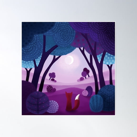 Fox Forest Moon Poster Wall Art, Modern Wall Decor, 16x16 UNFRAMED
