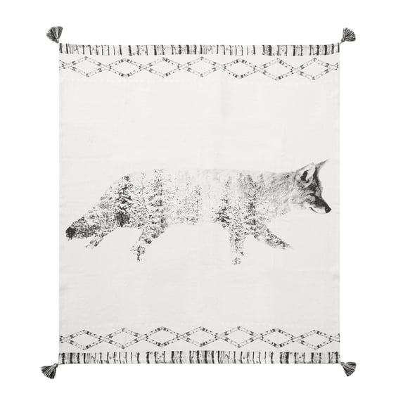 Fox in Forest Grayscale Printed 100% Cotton Throw Blanket w/ Tassels 50" x 60"
