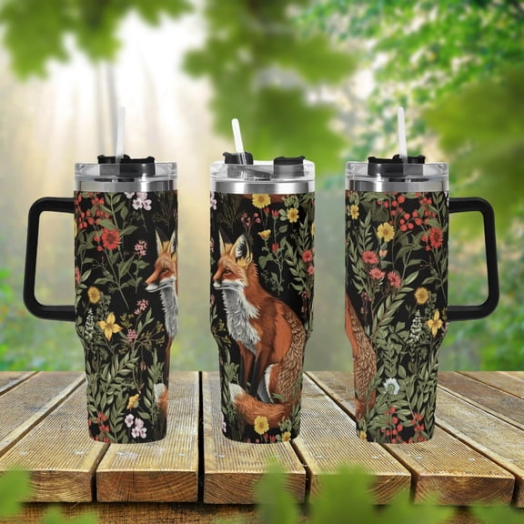 Fox Forest Stainless Steel With Handle Lid and Straw, Cottagecore Woodland Animal Drink Cup, Travel, Gift, Tumbler