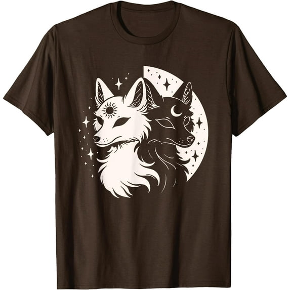 Fox Foxes Night Moon Day Sun Stars Spirit Celestial Moon Alt Unisex T-Shirt for Men Women Kids,Dark Chocolate Color,Size 5XL