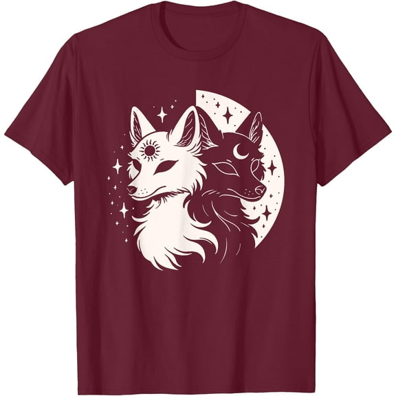 Fox Foxes Night Moon Day Sun Stars Spirit Celestial Moon Alt Unisex T-Shirt for Men Women Kids,Maroon Color,Size L