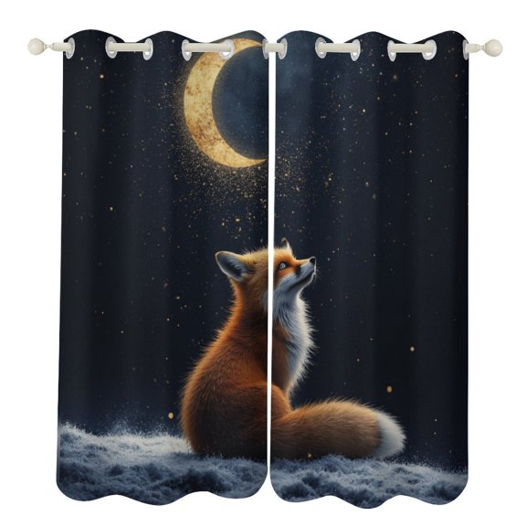 Fox Gazing at Crescent Moon 2 Panels Curtains for Bedroom Living Room Drapes Kitchen Window Curtain Home Decor