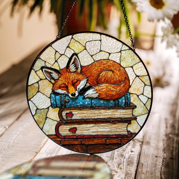 Fox Glass Suncatcher, Hanging Ornament, Fox Sleeping on Books, Book Lovers, 3.5 in