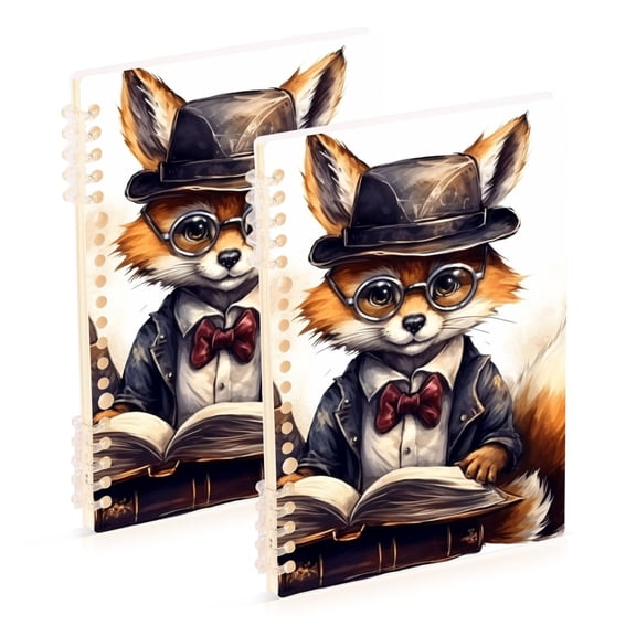 Fox Glasses Book Hat Suit Ring Binder Notebook Journey Note Diary College Ruled Spiral Notebook Study Loose Leaf Paper A5 60 Pages