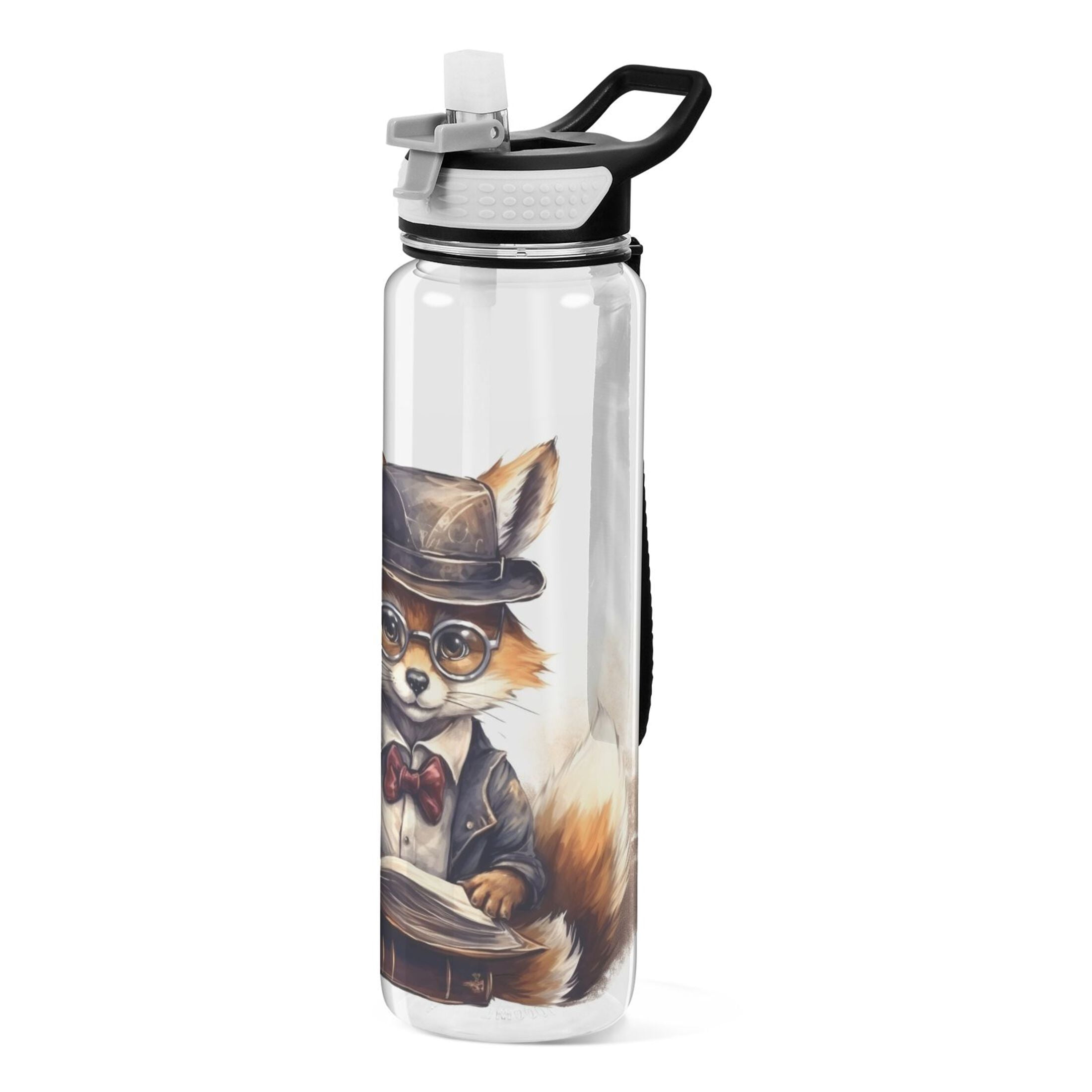 Fox Glasses Book Hat Suit Sports Water Bottle Portable Travel Mug 32oz BPA Free Leak Proof Straw Transparent Tritan for Gym Yoga Cycling Camping