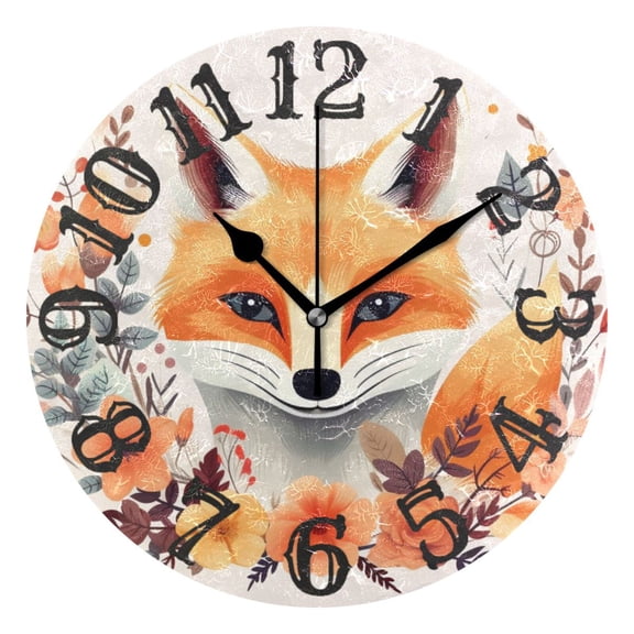 Fox Head Flowers 10 inch Wall Clocks Non Ticking Easy to Read Battery Decorative for Home Bathroom Kitchen Bedroom Living Room