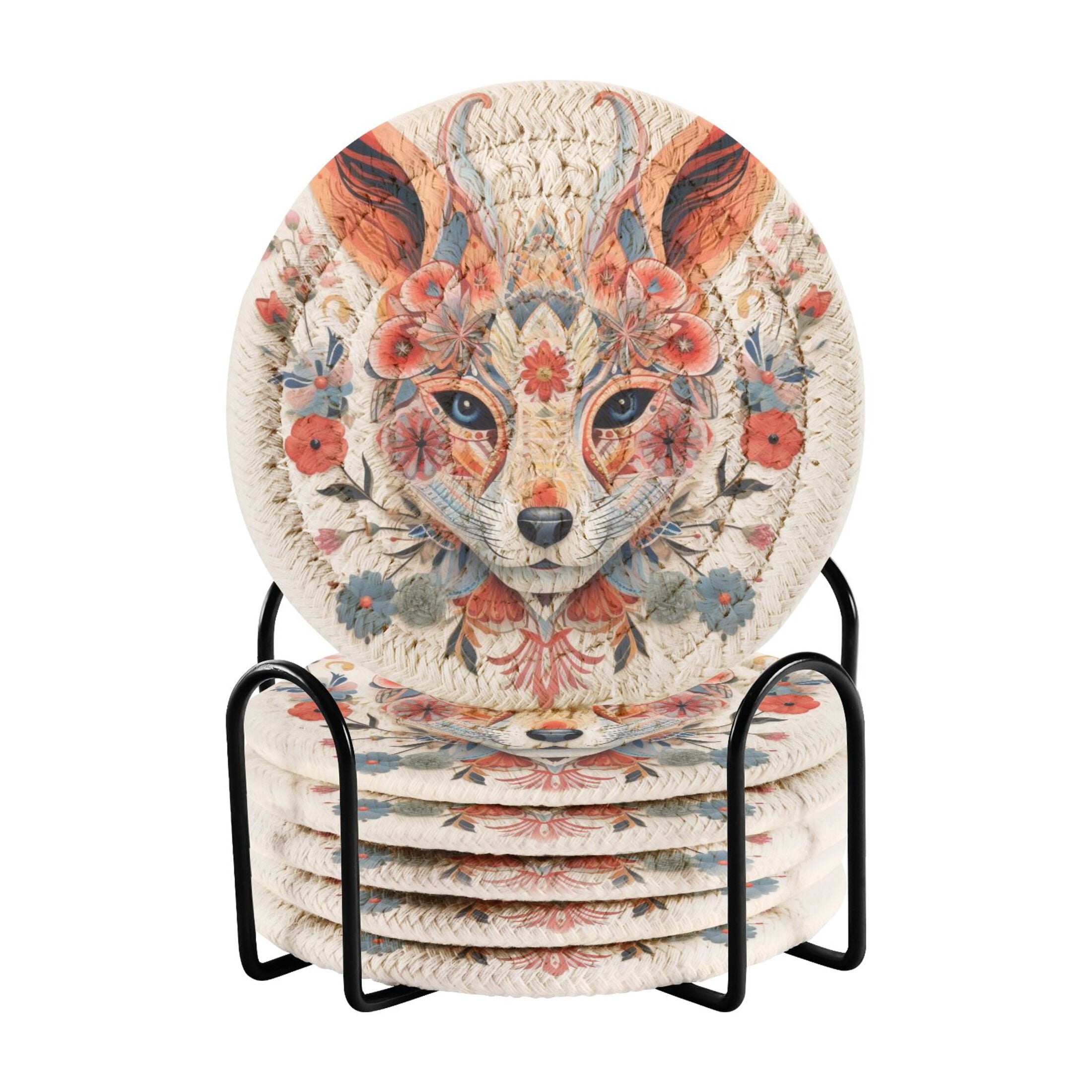 Fox Head Flowers 6 Pcs Drink Coasters with Holder Absorbent Coasters ...