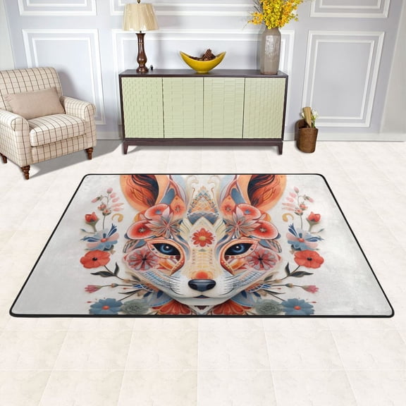 Fox Head Flowers Area Rug Washable 72 x 48 Floor Carpet Mat Non Slip for Bedroom Living Room Kids Room Home Decor