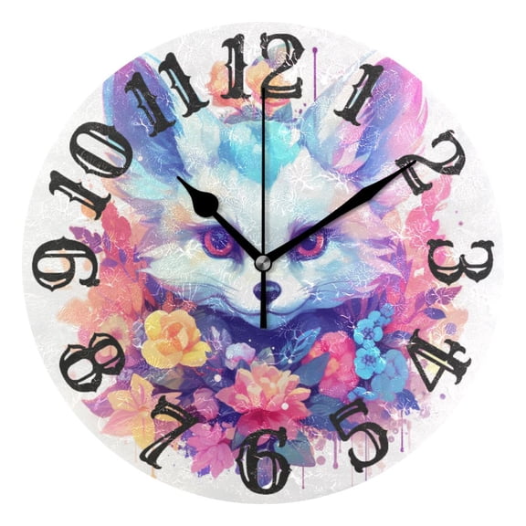Fox Head Flowers Floral 10 inch Wall Clocks Non Ticking Easy to Read Battery Decorative for Home Bathroom Kitchen Bedroom Living Room