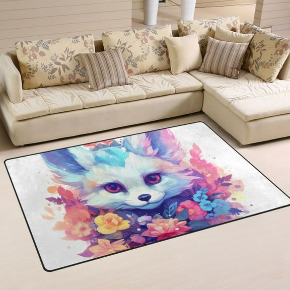 Fox Head Flowers Floral Area Rug Washable Floor Carpet Mat 60 x 39 inch for Bedroom Living Room Kids Room Home Decor