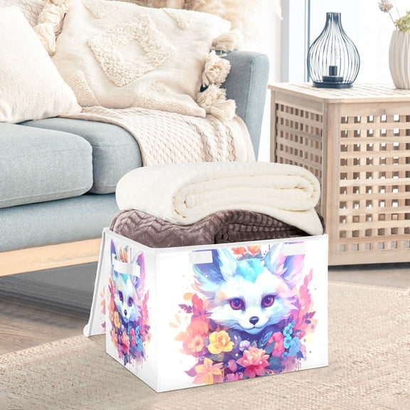Fox Head Flowers Floral Storage Basket Foldable Laundry Basket Shelf Kids Toy Storage Container Organizer with Handles