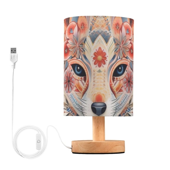 Fox Head Flowers Table Lamp USB Bedside Desk Nightstand Lamp Printed Gifts Small Lamp Wood Base for Bedroom Living Room Kids Room College Dorm