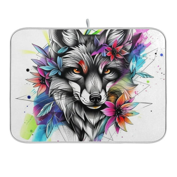 Fox Head with Flower Dish Drying Mat 16x18 Absorbent Microfiber Draining Rack Pad for Kitchen Counter Sink
