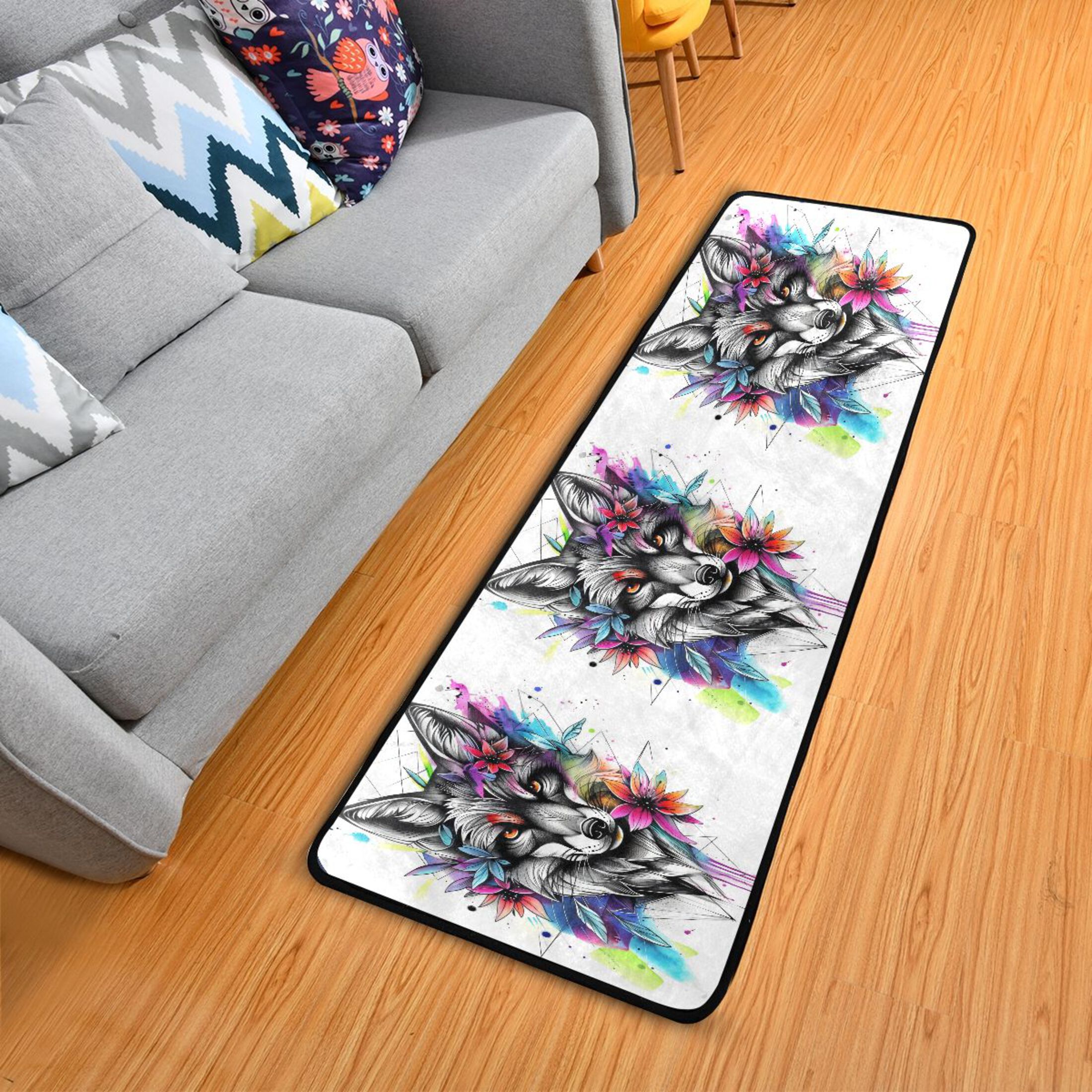 Fox Head with Flower Hallway Runner Rug 2'X6' Non-Slip Washable Carpet ...