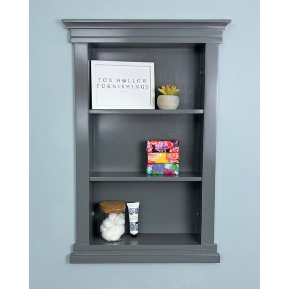 Fox Hollow Furnishings 14x24 Elliot Craftsman Recessed Wood Wall Niche Insert Shelf - NO MDF - Dark Gray Plain Back