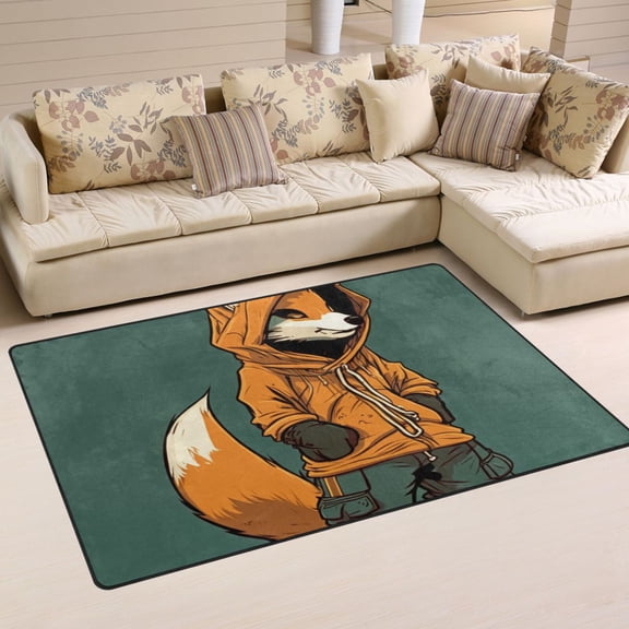Fox Hoodie Green Area Rug Washable Floor Carpet Mat 60 x 39 inch for Bedroom Living Room Kids Room Home Decor