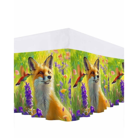 Fox Hummingbird Bed Skirt Lavender Flowers Oil Painting Bed Skirts King Size 16 Inch Drop, Wrap Around Dust Ruffle&nbsp;Bedskirt with Adjustable Elastic Belt for Queen Size Beds