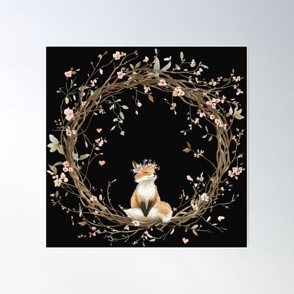 Fox In Bloom: Wreath Of Whimsy Poster Wall Art, Modern Wall Decor For Living Room Bedroom, 16X16 UNFRAMED