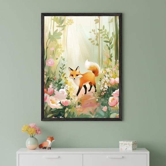 Fox In Flower Garden Style Art Woodland Animal Nursery Decor Whimsical Unframed Paper Print
