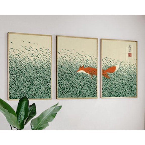 Fox In Grass Wall Art Set, Japanese Nature Triptych, 3 Posters, Stretched Canvas