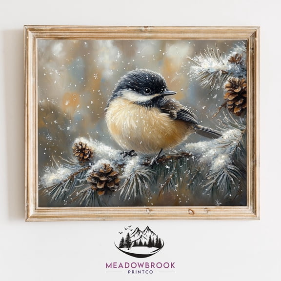 Fox In Snowy Winter Forest Vintage Nordic Evergreen Poster Chickadee Bird Art Winter Icicles Frosty Snow Nature Decor, UNFRAMED Size 30x30
