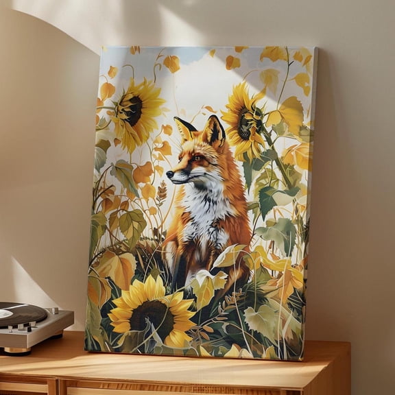 Fox In Sunflowers Field Botanical Sunflowers Animal Flower Home Decor, Unframed Poster