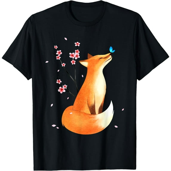 Fox Japanese Cherry Blossom Flower Vintage Gift Unisex T-Shirt for Men Women Kids,Black Color,Size L