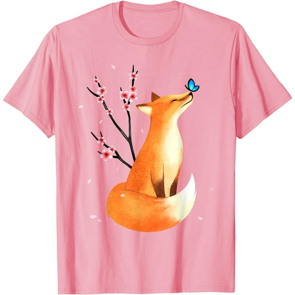 Fox Japanese Cherry Blossom Flower Vintage Gift Unisex T-Shirt for Men Women Kids
