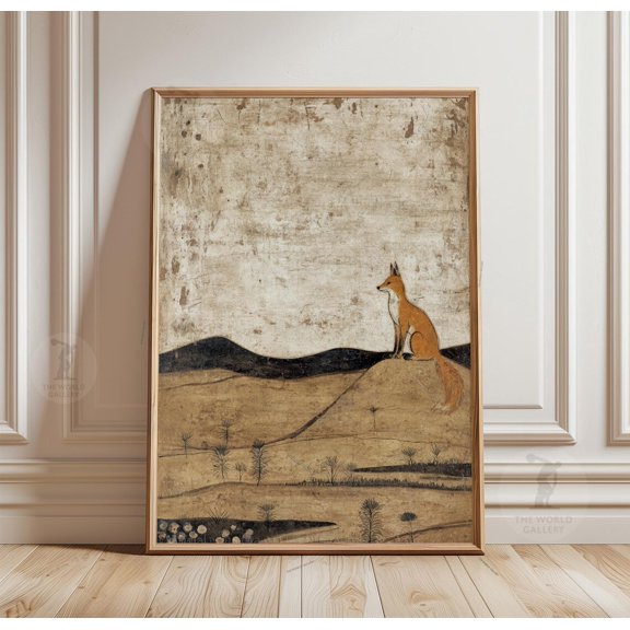 Fox Landscape Poster Rustic Neutral Art Minimal Nature Wall Decor, Unframed Poster
