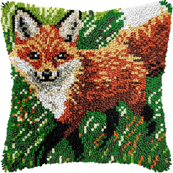 Fox Latch Hook Kits Pillow DIY Rug Crochet Hook Cushion Making Kits with Preprinted Pattern Canvas Instruction Yarns Pillow Cover Easy Starter DIY Crochet Kits 43x43cm de111)