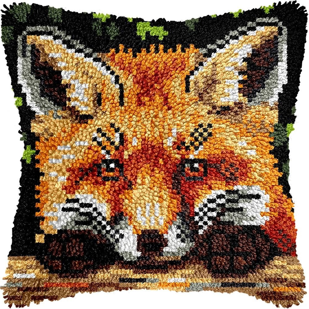 Fox Latch Hook Pillow Kits for DIY Handmade Throw Pillow Cushion Embroidery Latch Hooking Pillowcase Kits with Preprinted Canvas Crochet Yarn Kits 17''X 17''(g249)
