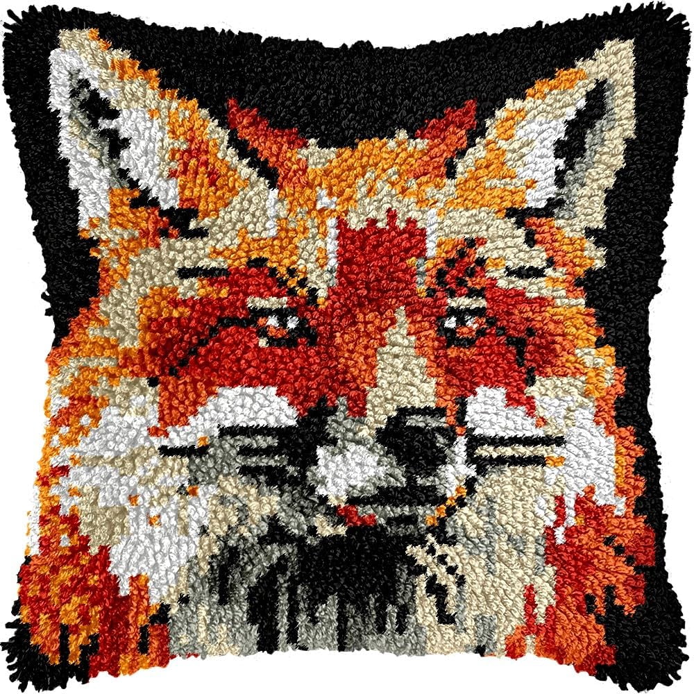 Fox Latch Hook Pillow Kits for DIY Handmade Throw Pillow Cushion Embroidery Latch Hooking Pillowcase Kits with Preprinted Canvas Crochet Yarn Kits 17''X 17''(g64)