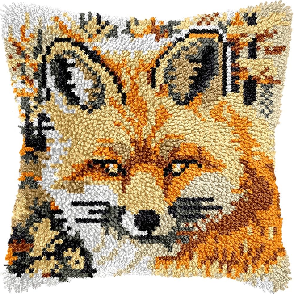 Fox Latch Hook Pillow Kits for DIY Throw Pillow Cushion Embroidery Latch Hooking Pillowcase Kits with Preprinted Canvas Crochet Yarn Kits for Home Decor 17''X 17''(d233)