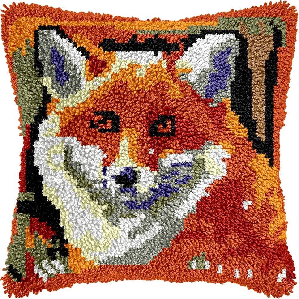 Fox Latch Hook Pillow Kits Pillow Cover Latch Hook Crafts Crochet Knitted Hooking Pillowcase Cushion Crafts Embroidery Latch Hooking Kits Material Set 17x17 inch(215)