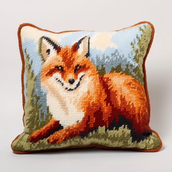 Fox Latch Hook Pillow Kits Printed Embroidery Pillowcase DIY Crochet Yarn Hook and Latch Craft Art Cushion for Home Christmas Decoration 43x43cm(2)