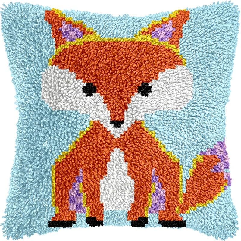 Fox Latch Hook Pillows Kits Cushion Pillow Cover with Pattern Printed Canvas Sofa Hooking Pillowcase Crafts Embroidery Latch Hooking Crochet Kits Set 17x17 inch(1)
