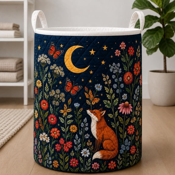 Fox Laundry Basket, Woodland Nursery Hamper, Moon & Wildflower Storage Basket, Forest Animal Toy Bin, Quilted Laundry Hamper