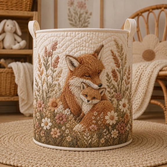Fox Laundry Basket, Woodland Nursery Storage Bin, Baby Girl Shower Gift, Cottagecore Nursery Decor, Floral Toy Hamper