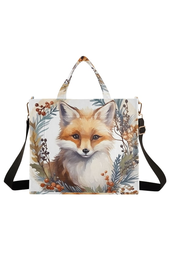 Fox Leaves Fruit Circle Corduroy Tote Bag Handbag Large Messenger Bag Shoulder Crossbody Zipper Bag Purse