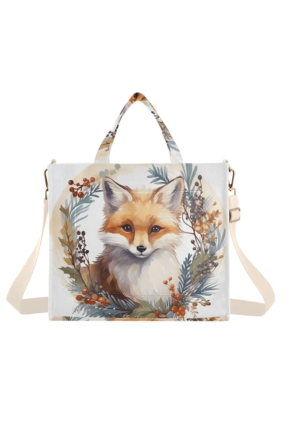 Fox Leaves Fruit Circle Corduroy Tote Bag Handbag Large Messenger Bag Shoulder Crossbody Zipper Bag Purse