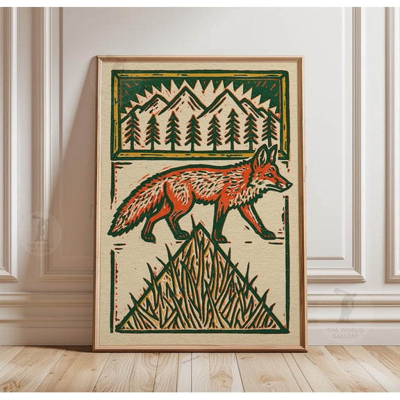 Fox Linocut Poster, Woodland Animal Art, Rustic Paper Print, Poster Only