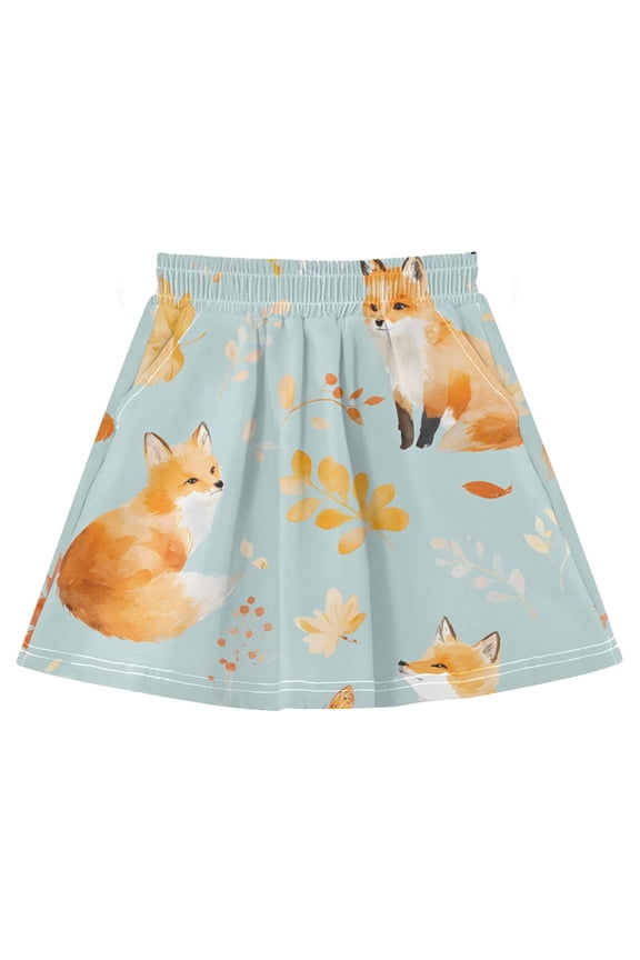 Fox Maple Leaf Pattern Cotton Skirt Built-in Liner Elastic A-Line Flared Skirt with Pockets
