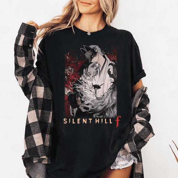Fox Mask x Hinako Silent Hill f Graphic T-Shirt, Retro Horror Game Unisex Cotton Tee