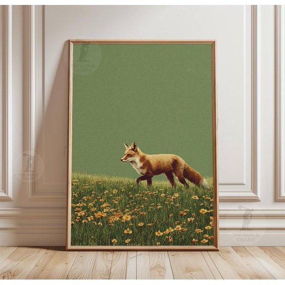 Fox Meadow Poster, Green Field Art, Minimal Nature Print, Poster Only