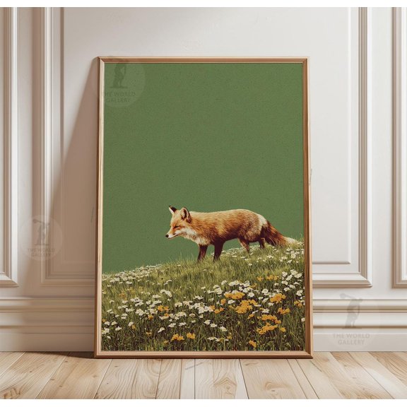 Fox Meadow Poster, Minimal Green Field Nature Art